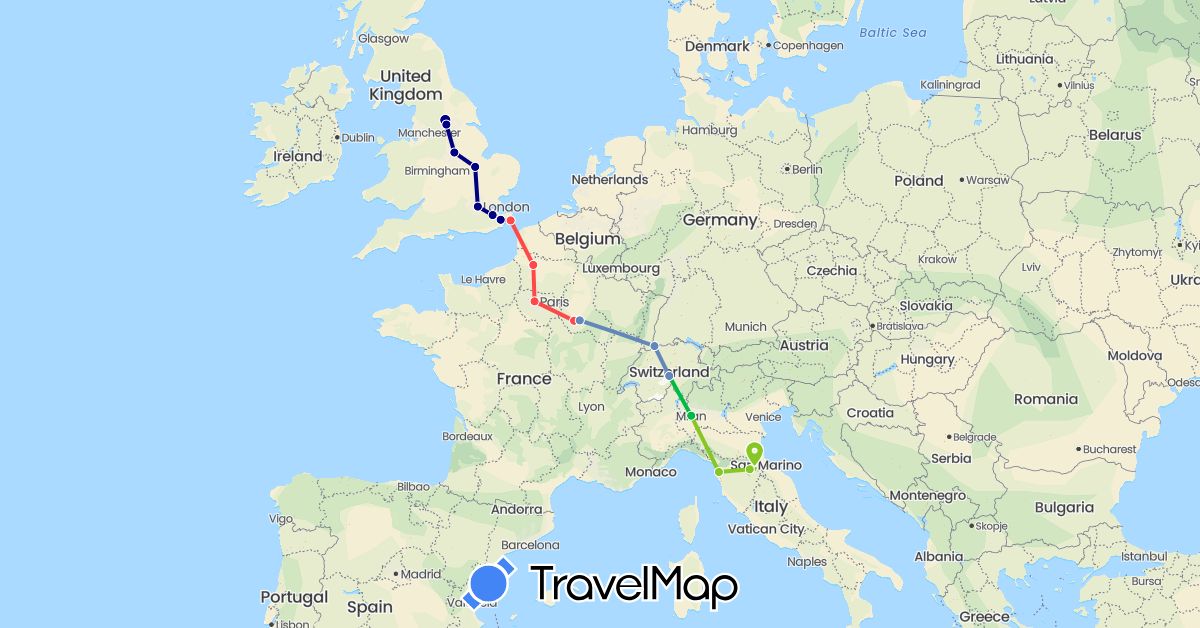 TravelMap itinerary: driving, bus, cycling, hiking, electric vehicle in Switzerland, France, United Kingdom, Italy (Europe)